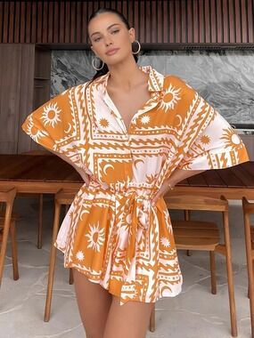 Commense Boho Sun & Moon Pattern Short Jumpsuit